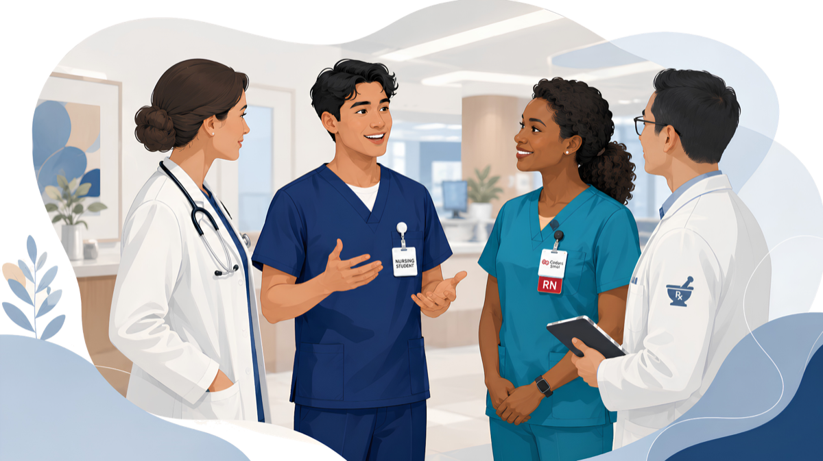 A senior nursing student discussing clinical learning with a nurse and members of the care team.