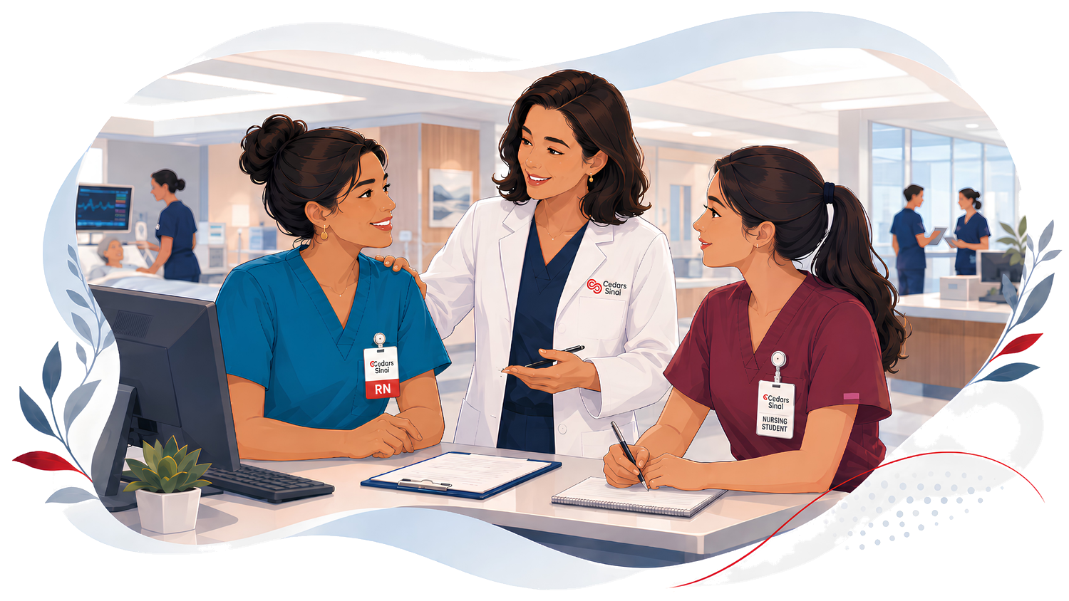 A Nursing Professional Development practitioner, an RN preceptor, and a senior nursing student discussing clinical learning together at a clinical workstation.