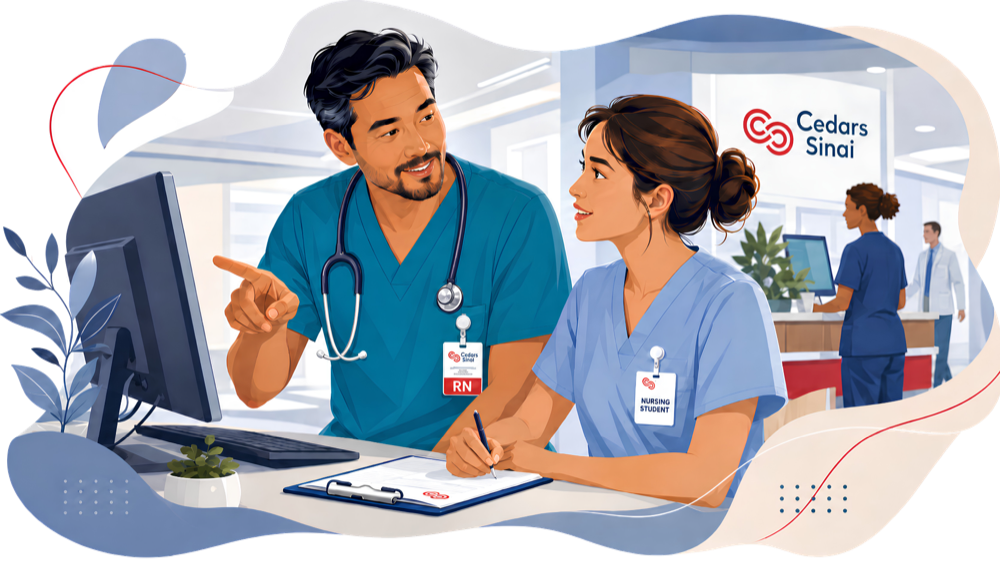 A Cedars-Sinai registered nurse teaching at a clinical workstation while a senior nursing student listens and takes notes.